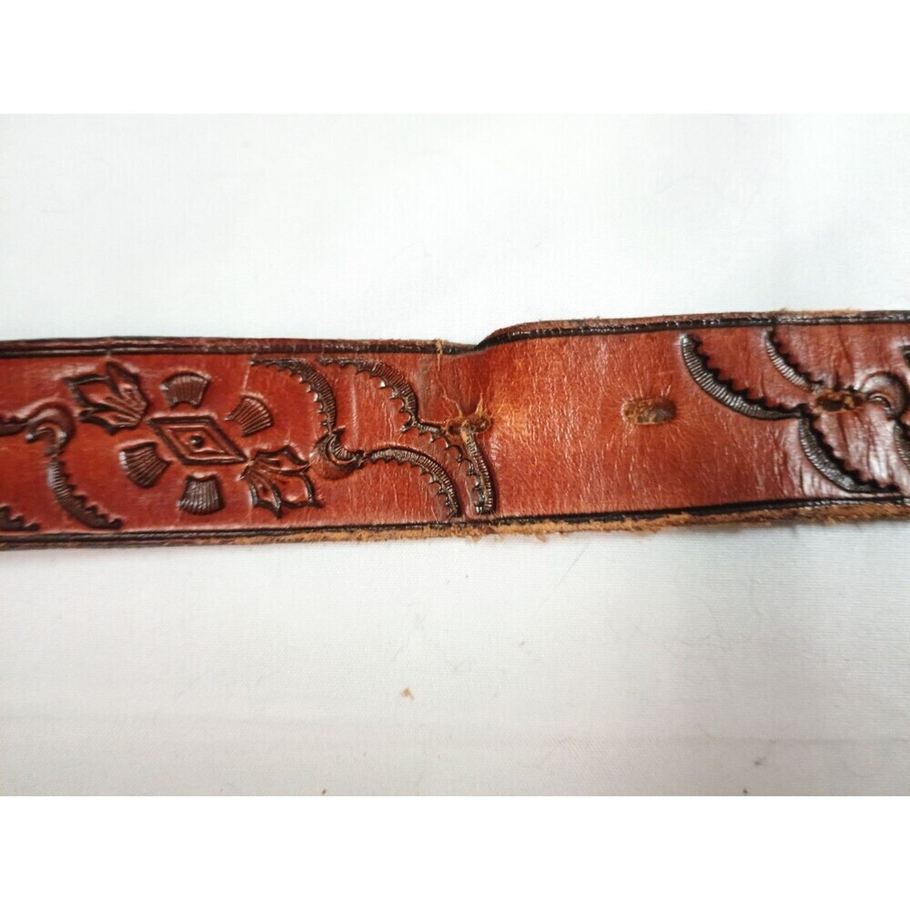 Vintage 90s Made in USA Floral Tooled Leather Belt 18-3222 Solid Brass Buckle - Picture 10 of 15